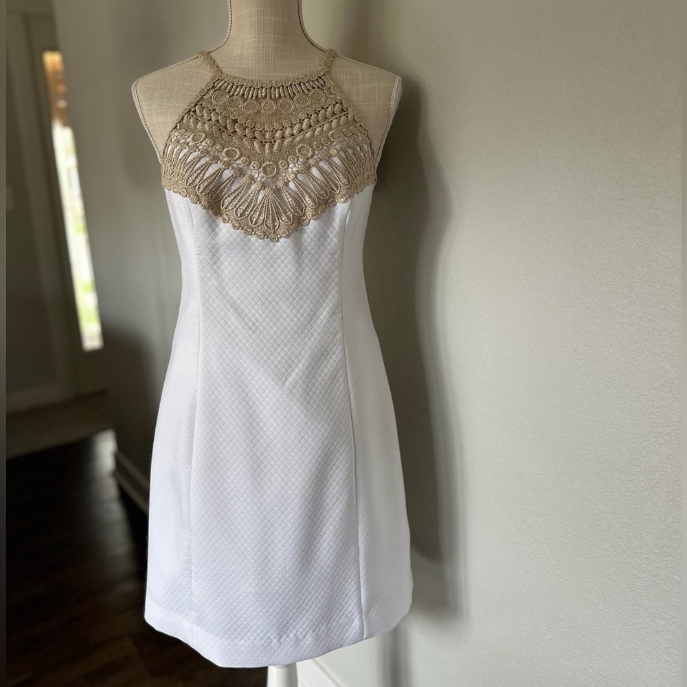 Lilly Pulitzer | Pearl Soft Shift Dress | White with Gold Crochet Detail | 4
